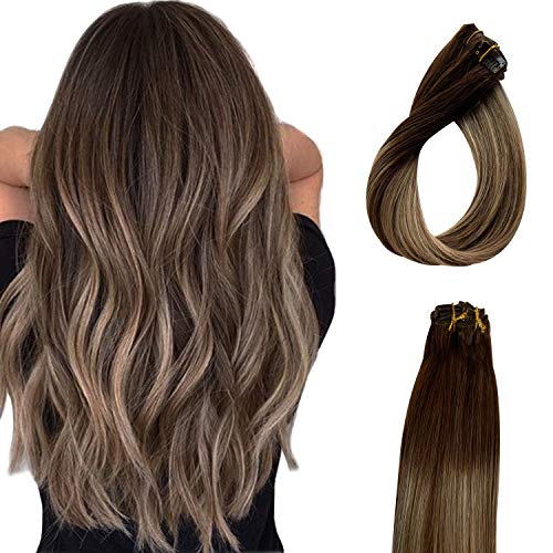 Balayage Blonde Hair Extensions Straight Full Head Highlights Human Hair Clip in Remy Hair Extensions Brown Roots to Honey Blonde with Brown Streaks 70g