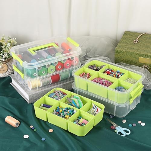 Image of plastic boxes for Storage transparent boxes for storage, Portable & Stackable Space Saving Organiser with Lid for Medicine, Jewelry, Arts & Crafts, Buttons, Beads (Green, 4 TIER WITH 2 TRAY)