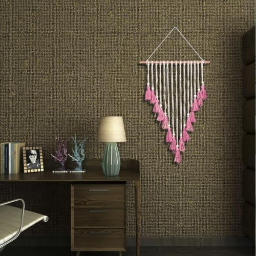 Tapiz de pared de macramé beige y rosa, decoración boho chic para dormitorio 4