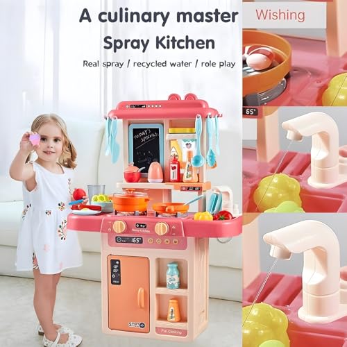 Image of K D Very Big Size Kitchen Playset with Premium Material 36-Piece for Kids, with Realistic Lights & Sounds, Play Sink with Running Water, Dessert Shelf Toy & Kitchen Accessories Set