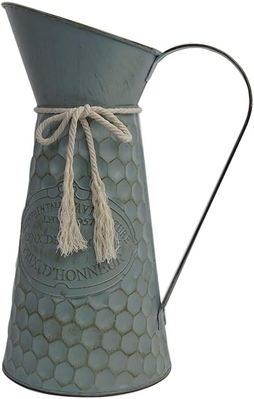 WEIDUOFUN 12.6 inch Honeycomb Printing Old Fashioned Galvanized Pitcher Vase French Style Country Primitive Jug Vase for Home Wedding Cafe Decor