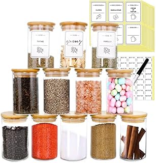 Luvan Spice Jars with Lids 12 Pcs , Glass Jars Set with Bamboo Wood Lids, Glass Spice Jars with 148 Pre-printed Minimalistic Spice Labels,Jars with Lids Airtight for Kitchen, Sugar, Coffee - 266ml