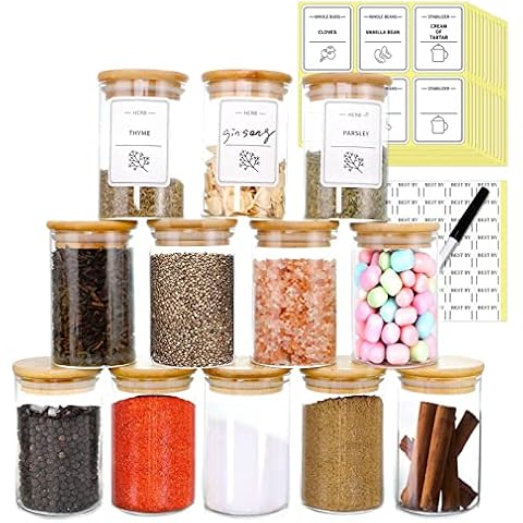 Luvan Spice Jars with Lids 12 Pcs , Glass Jars Set with Bamboo Wood Lids, Glass Spice Jars with 148 Pre-printed Minimalistic Spice Labels,Jars with Lids Airtight for Kitchen, Sugar, Coffee - 266ml Cover