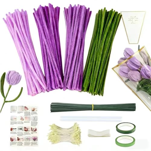 400 Stück Pfeifenputzer Blumen Set mit Anleitung Pfeifenreiniger Zum Basteln Pipe Cleaner Flower Set Mit Blumenstöcke Klebebandrollen Bänder Staubgefäße Etc Für DIY Basteln Und Dekorieren