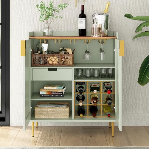 Image of ARTPOWER Coffee Bar Cabinet with Wine Rack&Glass Holder, Sage Green