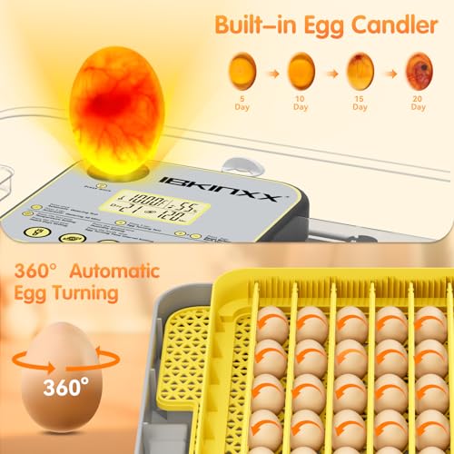 IBKINXX Incubator for Hatching Eggs-48 Egg Capacity, Auto Egg Turner & New Auto Precision Humidity Control System, 360° Clear Viewing for Chicken, Duck and Quail Eggs