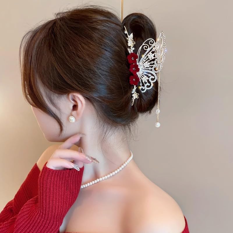 Pinza elegante con borla estilo oriental color rojo miniatura 4