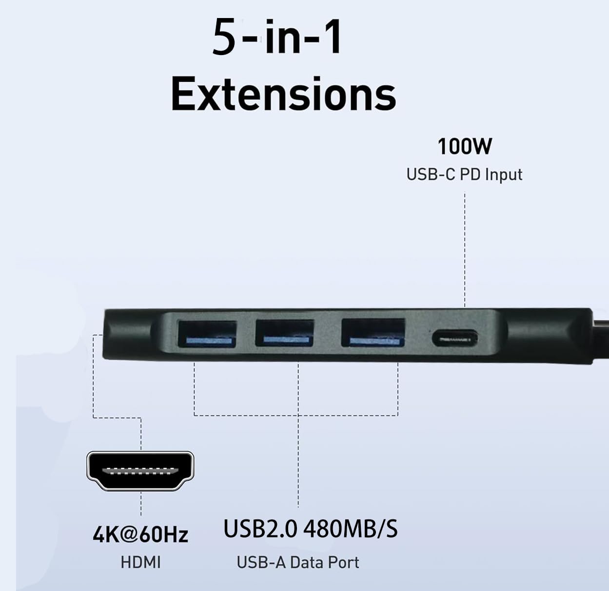 Hub USB-C 5-in-1 – HDMI, 3 USB-A, USB-C, Grigio, Compatto