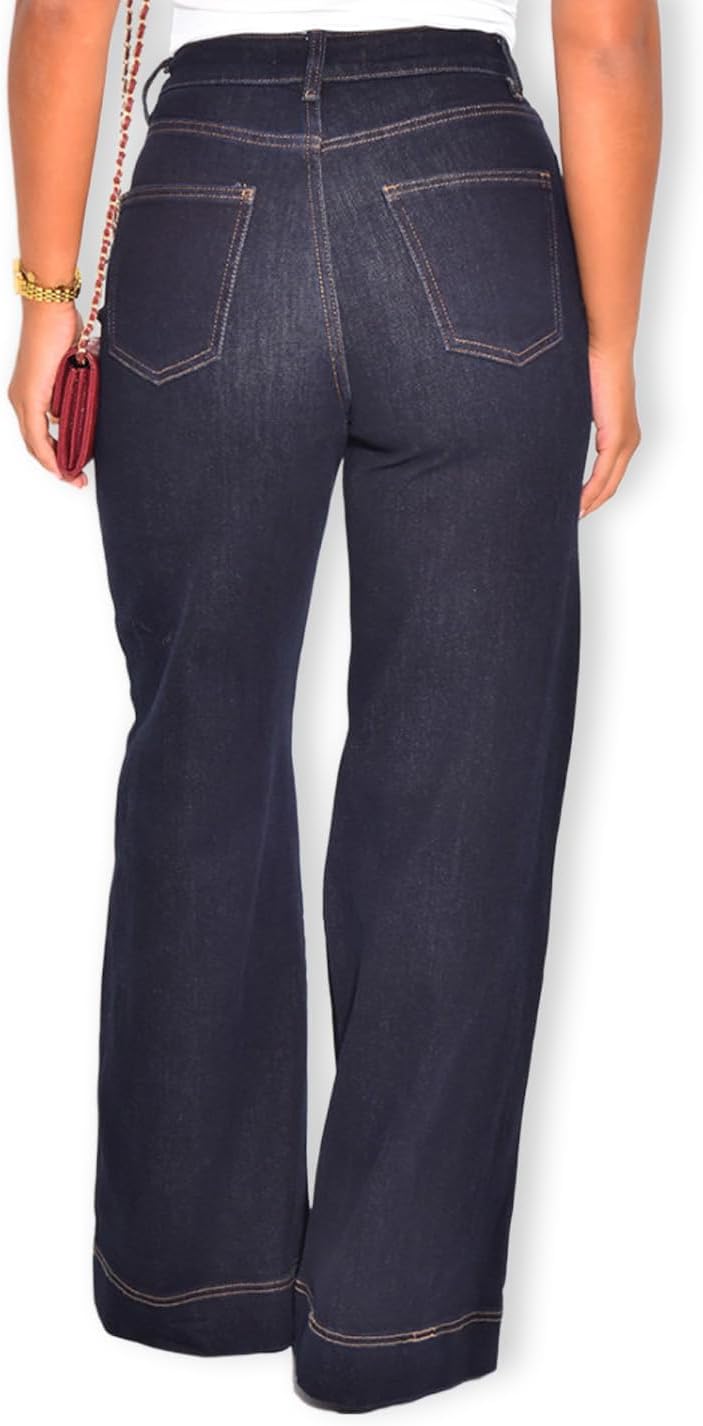 レディース ストレートレッグ デニム ハイウエスト バギー カジュアル ストレッチ ルーズジーンズ, ダークブルー, Medium