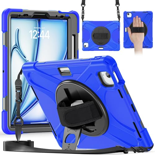 Coque iPad Air 11 M4 M3 M2 robuste bleue pour enfant avec support rotatif et bandoulière