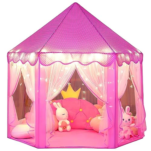 BLEQYS® Princess Castle Tent for Girls Fairy Play Tents for Kids Hexagon Playhouse with Fairy Star Lights Toys for Children or Toddlers Indoor or Outdoor Games
