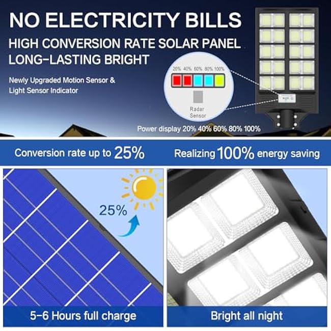 Solar Street Light 8000W, Street Light Outdoor High Lumens, Parking Lot Lights 6500K, Solar Lights Outdoor Motion Sensor Dusk to Dawn for Parking Lot with Remote Control, 1 Pack