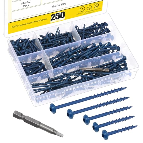 251 tornillos de madera para agujeros de bolsillo, #8 x 1 pulgada, acero al carbono recubierto azul anticorrosión, cabeza de arandela con sistema de apriete cuadrado miniatura 1