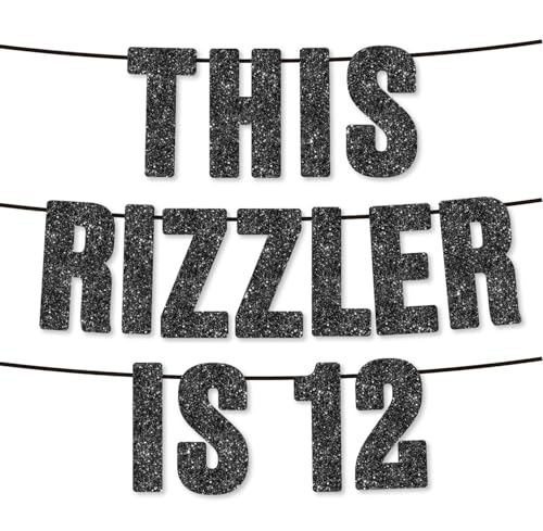 Image of Pre-Strung This Rizzler is 12 Black Glitter Banner, Funny Zoomer Gen Z Slang 12th Birthday Party Supplies,Ideas, Gifts and Decoration