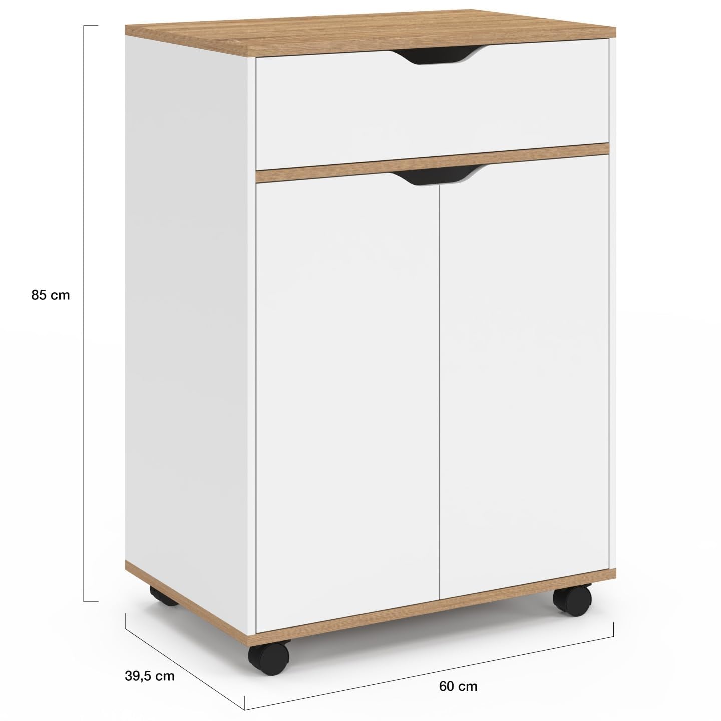 IDMarket - Carrito de cocina COSY armario con cajón de madera blanca y bandejas estilo haya L.60 CM