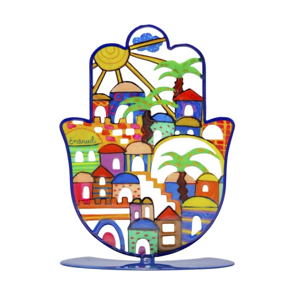 EMANUELEMANUEL Yair Small Standing Hamsa Hand Amulet 4 inch | Colorful Good Luck Charm | Hamsah Stand Home Blessing | Judaica Art Gift (Jerusalem SHG-16)