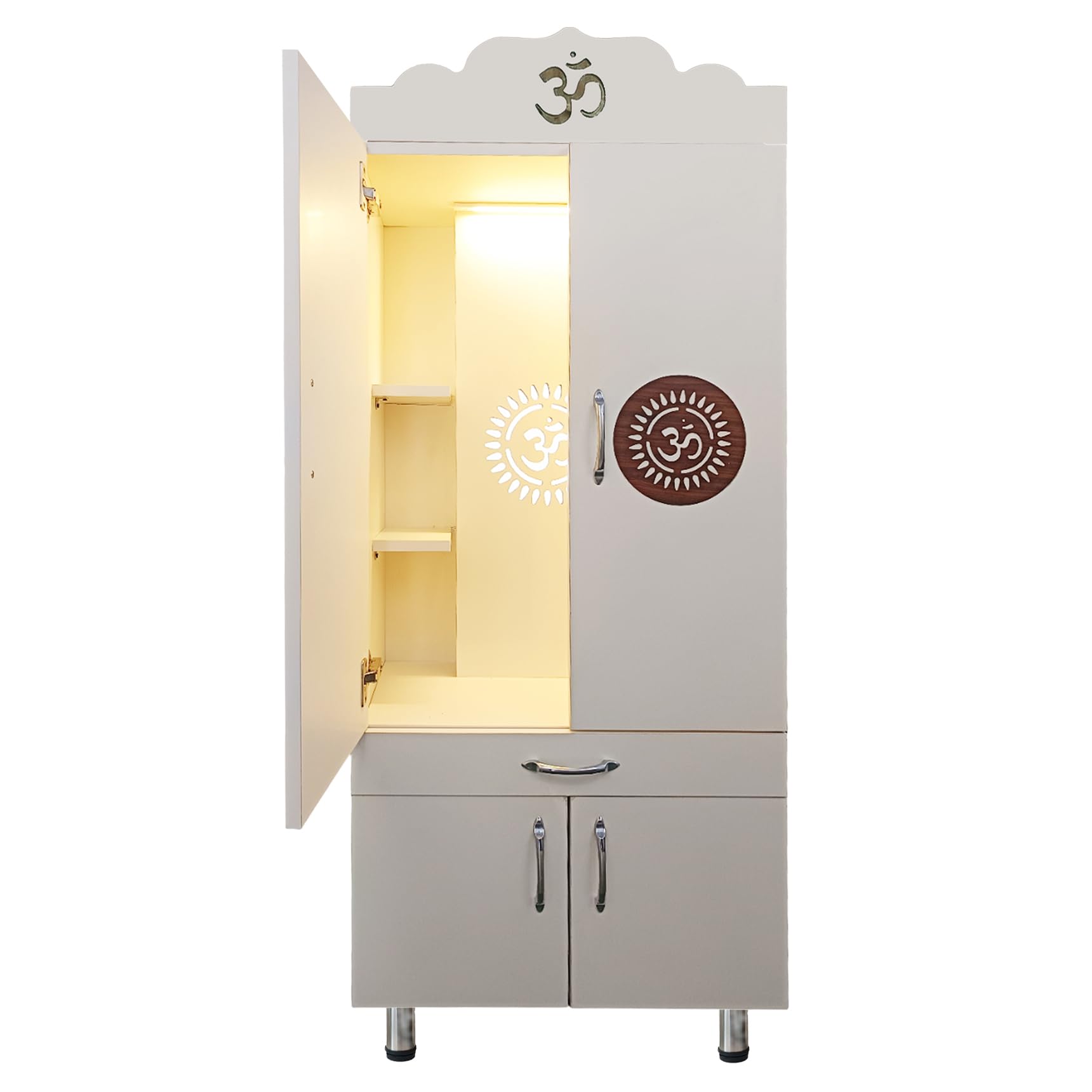 Alpine Willow 130x60x35 CM Wooden Temple with Doors I Mandir for Home I Pooja mandir I Corian Design Temple I Big Pooja Mandir Unit for Home (Frosty White)