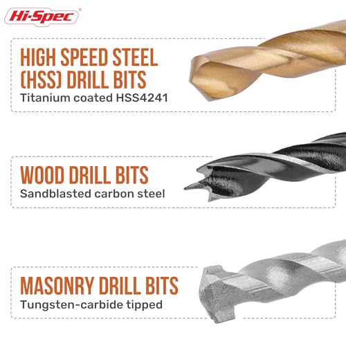 Image of Hi-Spec 16pc Compact Multi Steel Drill Bit Box Case Set. HSS Titanium Coated, Brad Points & Masonry Mixed Drill Bits for Metal, Wood, Plastics & Brick