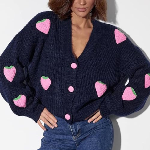 Image of FindThy Women's Kawaii Strawberry Embroidered Cardigan Long Sleeve V Neck Chunky Knitted Cardigans Tops