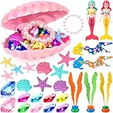 HUUIDY Pool Toys, 31Pcs Mermaid Toys Diving Toys with Shell Treasure Chests and Storage Bag, Swimming Pool Games Summer Water Toys Gift Set for Kids Toddlers Girls Boys