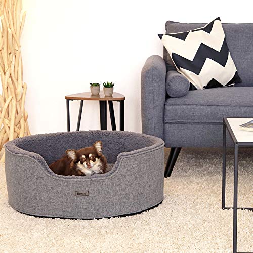 lionto Hundebett mit Wendekissen und waschbarem Bezug, formstabiles Hundekörbchen mit Anti-Rutsch-Noppen, 73x60 cm, kuscheliges Heimtierbett für Hunde und Katzen mit Plüsch, grau