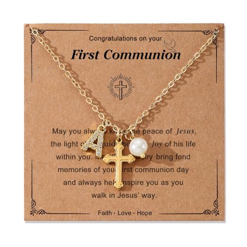 Initial A-Z Pearl Cross Necklace for Girls Teen,First Communion Baptism Confirmation Birthday Gifts for Her Goddaughter