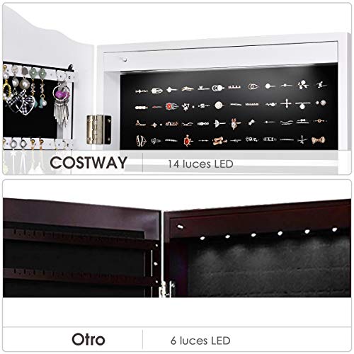Miniatura 6 de Costway Armario Para Joyas Espejo Joyero Con 14 Luces Led Espejo De Cuerpo Entero Con Cerradura Gabinete De Joyería De Pie Organizador Para Anillos Cadena Y Pendientes Blanco