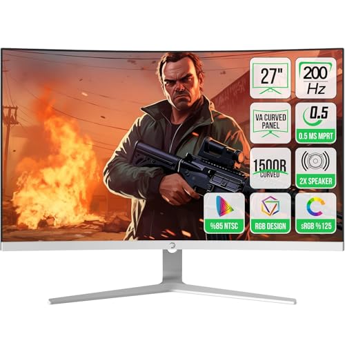 GAMEPOWER Monitor de jogos T50 27 polegadas 1500R branco curvo, 200Hz 1080p, Full HD, tempo de resposta de 0,5 ms, painel VA, FreeSync, HDR, 125% sRGB, luz de fundo RGB, alto-falantes duplos, moldura