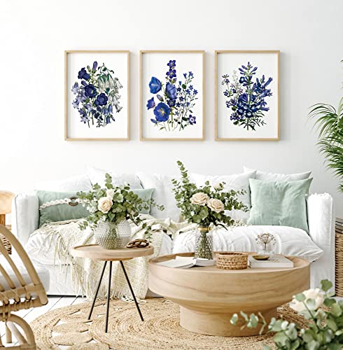 Art mural fleurs aquarelle de qualité supérieure triptyque de posters bleus