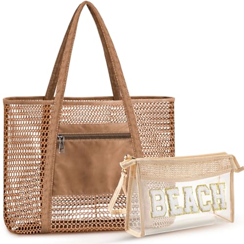Image of Aliceset 2 Pack Crochet Mesh Beach Tote Bag with Letter Patch Pocket Summer Beach Tote Bohemian Straw Transparent Bag