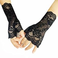 monochef Women Short Lace Gloves Sunblock Fingerless Bridal Wrist Floral Opera Evening Party Wedding Tea Prom Cosplay 1920s for Ladies and Girls, Black (Black) — image 5