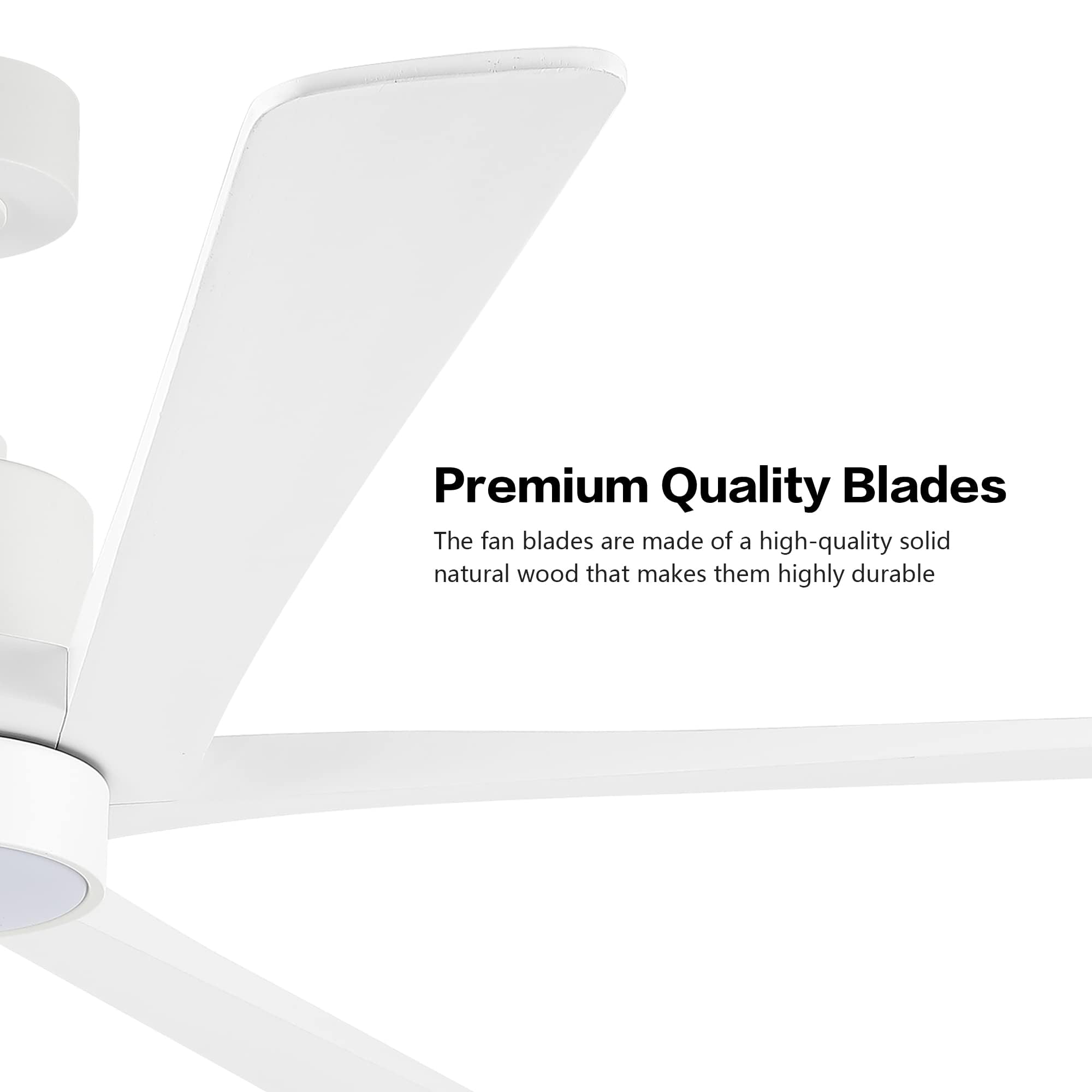 WINGBO 54" Ceiling Fan With Light - 5 Solid Wood Blades, 6-Speed DC Motor, Dimmable LED, Remote Control, White & Oak