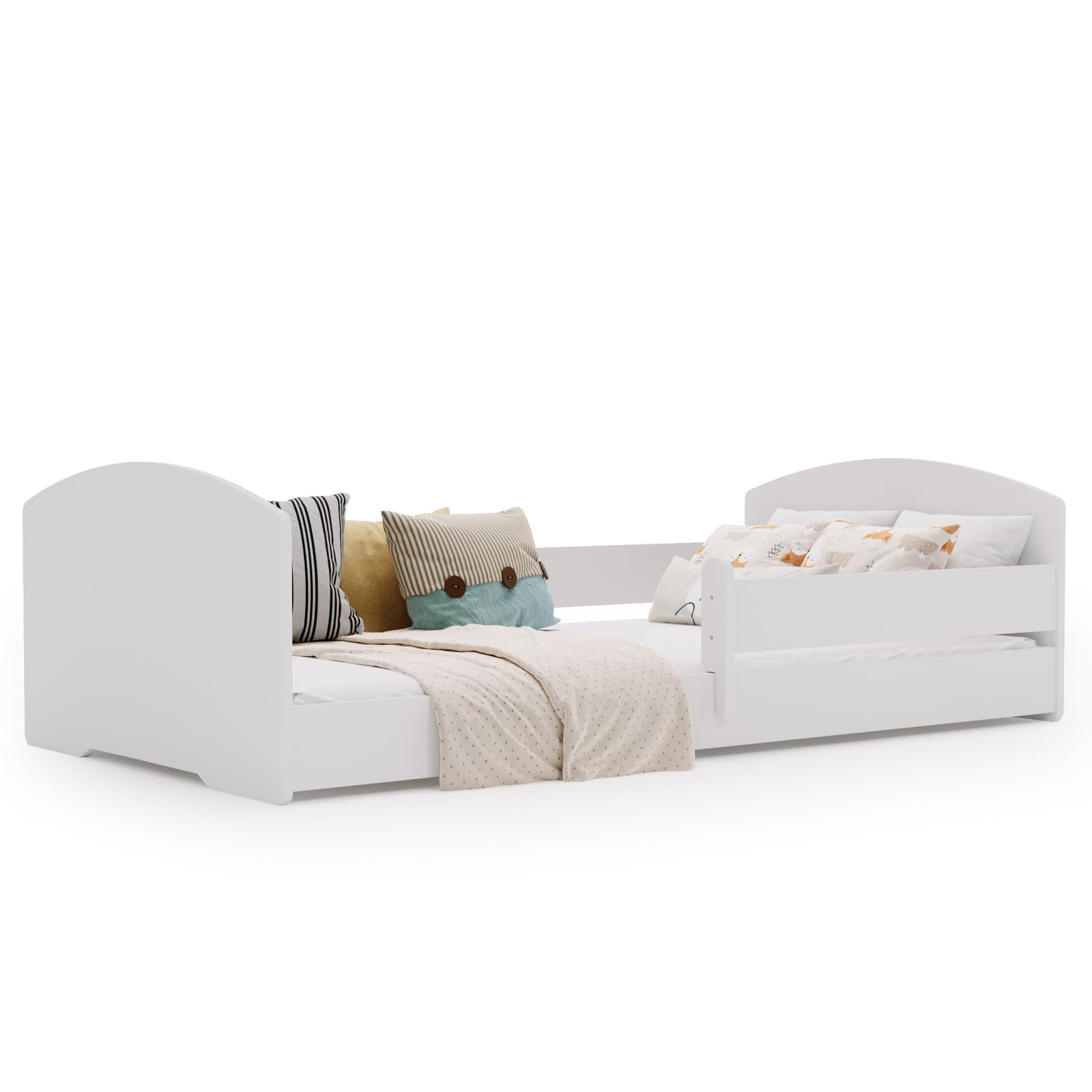 KOBI Letto Montessori LEO 160x80 con materasso: un letto per bambini moderno, sicuro e molto comodo, struttura robusta, elegante stile scandinavo, finitura bianca di alta qualità di prima classe