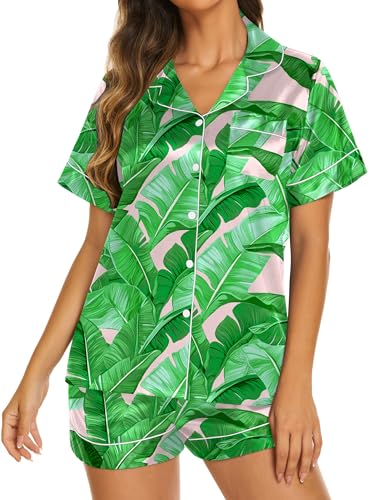 Image of Ekouaer Silk Pajamas for Women Short Sleeve Sleepwear Soft Button Down Loungewear 2 Piece Satin Pjs Shorts Set