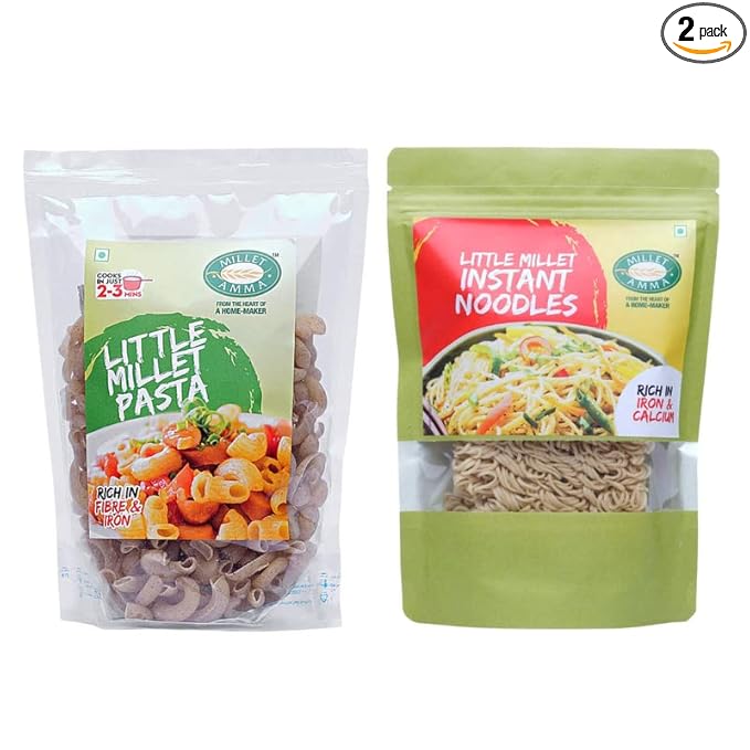 Little Millet Pasta-180gm + Little Millet Instant Noodles-175gm, Combo Pack - 355 GMS, Easy & Ready to Cook, Zero Maida & 100% Vegan, Best Choice for Instant Breakfast & Dinner