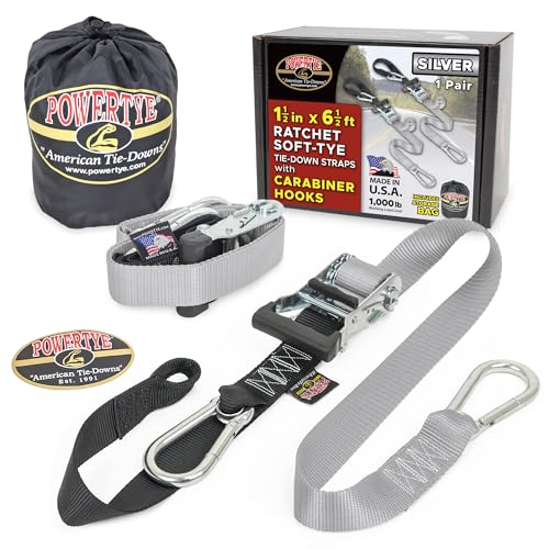 Image of PowerTye 1.5 inch x 6.5ft Heavy Duty Ratchet Tie Down Straps with Carabiner Hooks, Soft-Tye & Storage Bag, for Motorcycle, ATV, Trailer & Cargo - 1,000 lb WLL - Made in USA - Silver /Black Pair