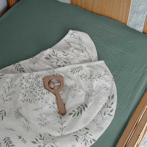 Image of Muslin Bassinet Fitted Sheets 2 Pack, Soft Breathable Cotton Baby Bassinet Mattress Sheet Set, 360 Elastic Snug Fit, Universal for Oval, Rectangle (Bright Leaves, Pack N Play Sheets 2 Pack)