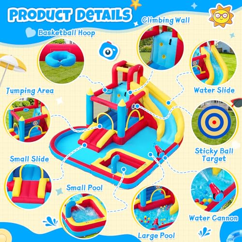 Image of Bounce House with Slide & Blower, Inflatable Water Park Bouncy Castle with Climbing Wall, Ball Pit & Water Cannon for Indoor Outdoor Backyard Play