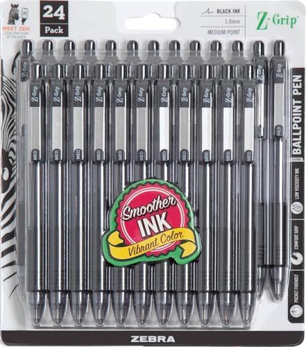 Image of Zebra Pen Z-Grip Retractable Ballpoint Pen, Black Ink, 1.0mm, 24 Bulk-Pack | Smooth Writing, Medium Point Tip, Ideal for Planners, Note-Taking, School and Office Supplies, and Everyday Writing (12221)