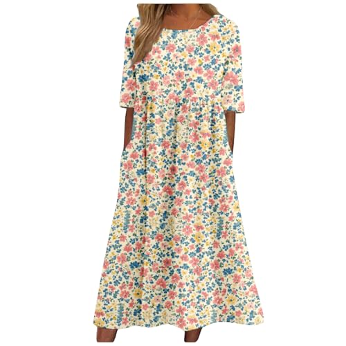 MARSVOVO Women's Casual Sundress with Pockets Boho Beach Dress Floral Short Sleeve Vacation Dress