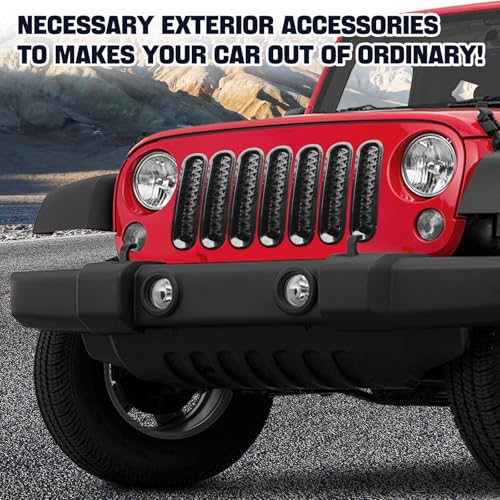 Image of Black JK Grill Inserts Front Grille Mesh Cover Guard Clip-in Compatible with 2007-2018 Jeep Wrangler JK & JKU Accessories (Pack of 7)