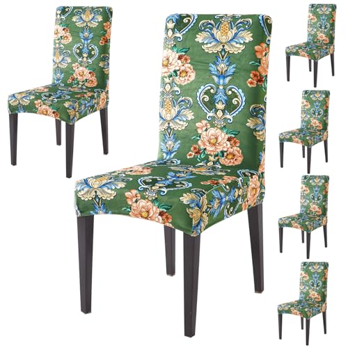 Image of HOKIPO Premium Printed Velvet Dining Chair Cover Set of 6, Green Victorian Garden (AR-5794-D4*6)