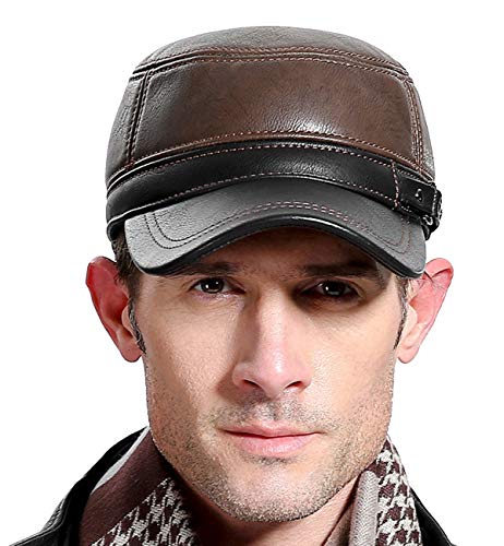 Sumolux Boné masculino de couro de inverno com aba de orelha, militar, cadete militar, Marrom, 21-23