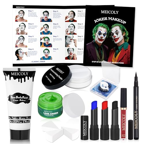 MEICOLY Joker Makeup Kit Complete Joker Costume Clown Makeup Clown White Face Paint Character Set for Halloween SFX Cosplay Stage Performance Theatre Green Hair Dye Setting Powder Red Lip Gloss