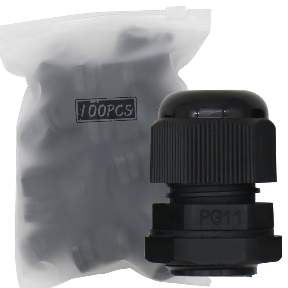 MAKERELE PG11 Cable Glands 100PCS pg plastic waterproof cable gland joint Black Wire Glands Adjustable Locknut for 6.5mm-10.2mm Wire(100pcs) ，with Gaskets ，in Bag-image-30