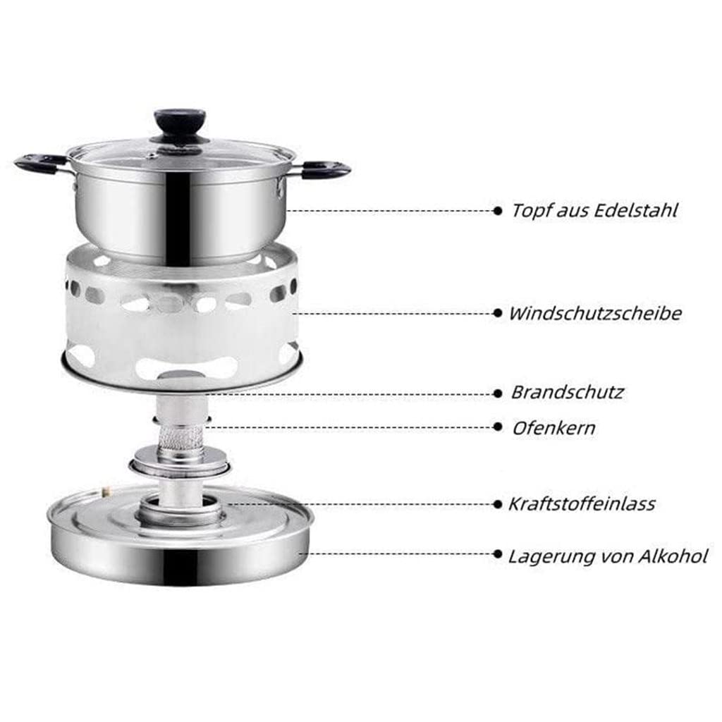 Mini fornello ad Alcool, fornello ad Alcool in Acciaio Inossidabile con pentola, Fornello a spirito, Attrezzatura da Picnic Portatile per Barbecue Picnic Trekking 20cm