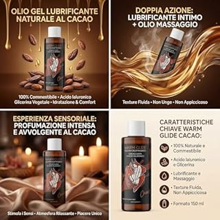 Olio Gel Lubrificante Intimo al Cacao con Acido Ialuronico – Olio da Massaggio Rilassante per Rapporti Intimi e Corpo – Commestibile, 100% Naturale – 150 ml