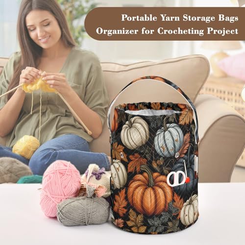 Image of ElliTarr Crochet Bag Yarn Bag with Handle Portable Knitting Project Bag Travel Yarn Storage Organizer Holder Case Fall Thanksgiving Pumpkin