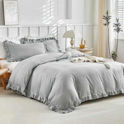 Tokokimo - Funda nórdica de 220 x 240 cm con 2 fundas de almohada de 65 x 65 cm, diseño con volantes, juego de funda nórdica de 220 x 240 cm, color gris