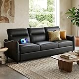 STHOUYN 85” Black Faux Leather Couch with USB, 3 Seater Couch for Living Room, Large Mid Century Modern Office Sofa for Apartment, Bedroom